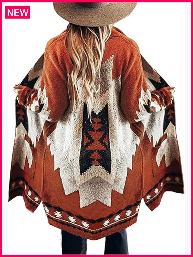 Vintage Tribal Knitted Cardigan Sweater Coat Open Front With Pockets
